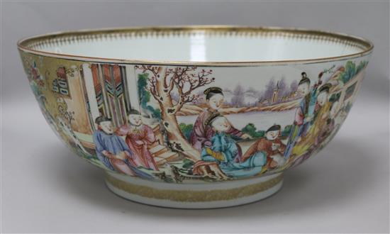 A Chinese famille rose mandarin pattern punch bowl, Qianlong period, diameter 38.5cm, cracked and rivetted